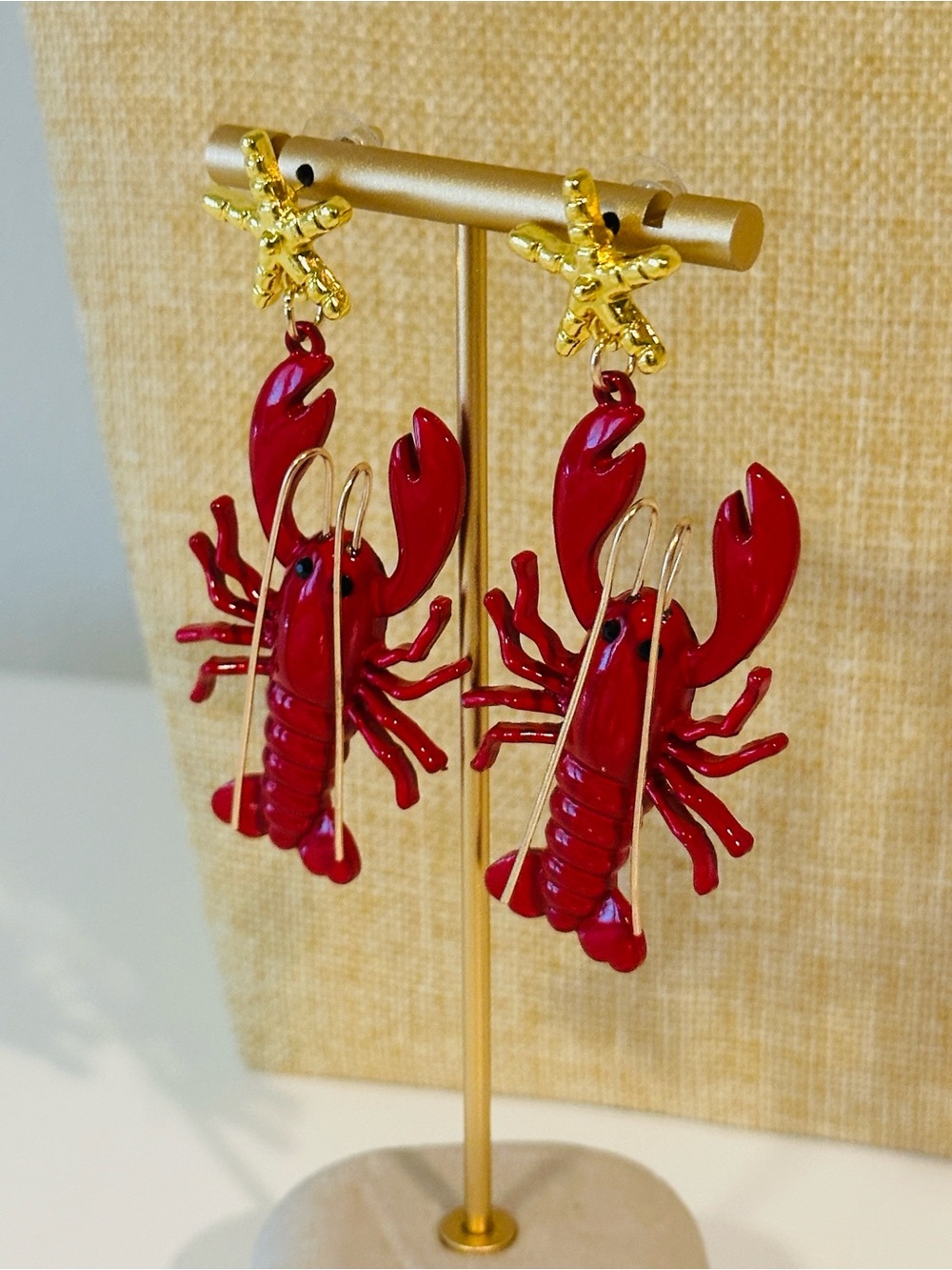 Fashion Jewelry Red Lobster Drop Earrings with Gold Starfish
